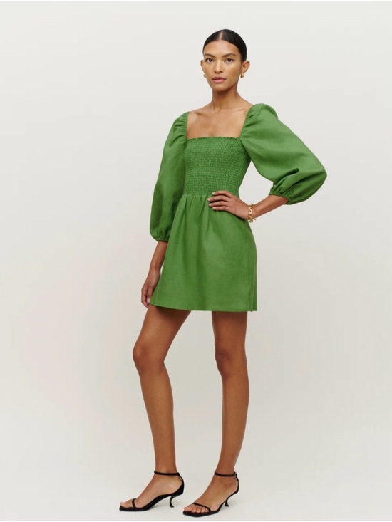 Reformation Dresses & Skirts - Reformation Greyson Green Smocked Square-Neck Linen Mini Dress with Puff Sleeves